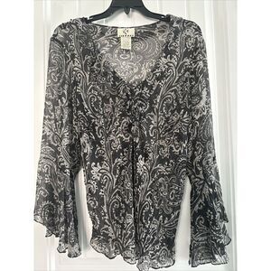 Vintage ICE sheer 100% Silk Blouse Black/Gray 1XL